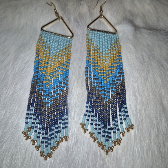 Blue and Gold Beaded Chevron Earrings - Picture 2 of 2